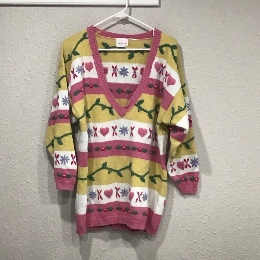 Vtg Styles To Go Deep V-Neck Chunky 3D Knit Sweater‎ Striped Floral Heart Design